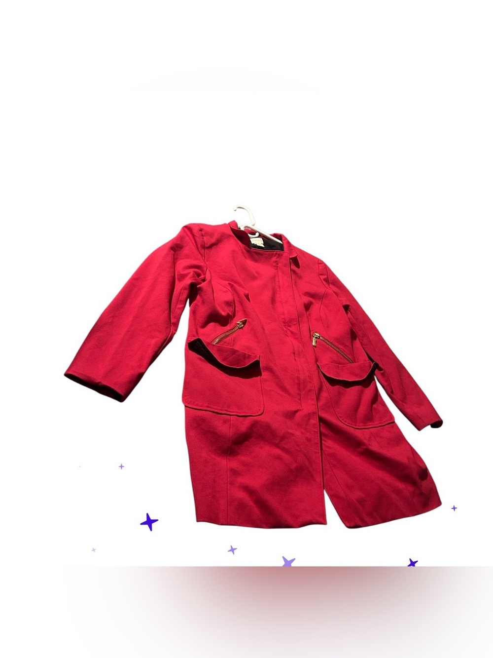 Red Long Coat with Gold Zipper Pockets -